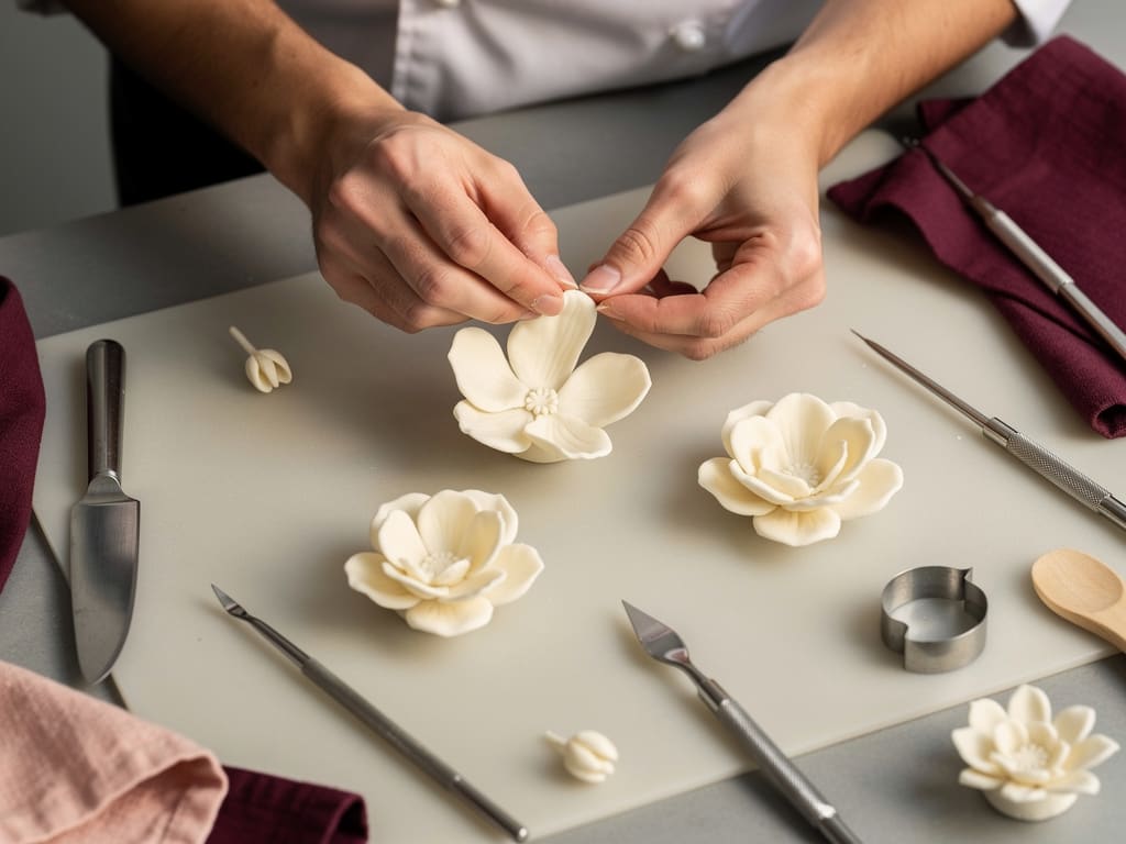 Mani di pasticcere che modellano fiori in pasta di zucchero
