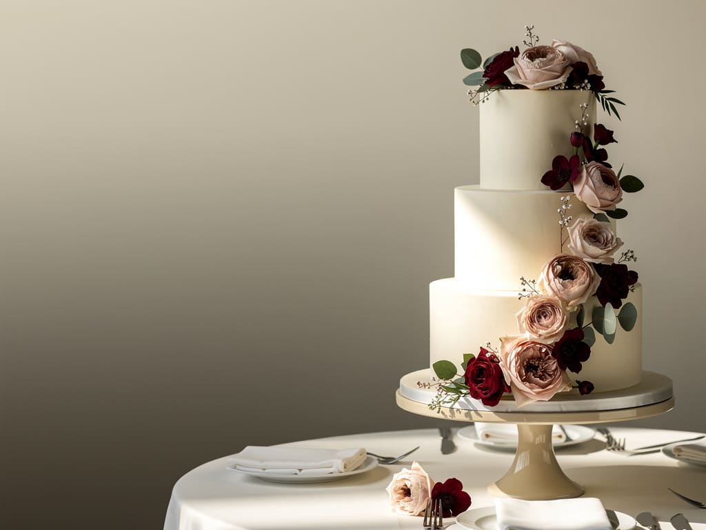 Torta nuziale bianca a più piani in una sala per ricevimenti