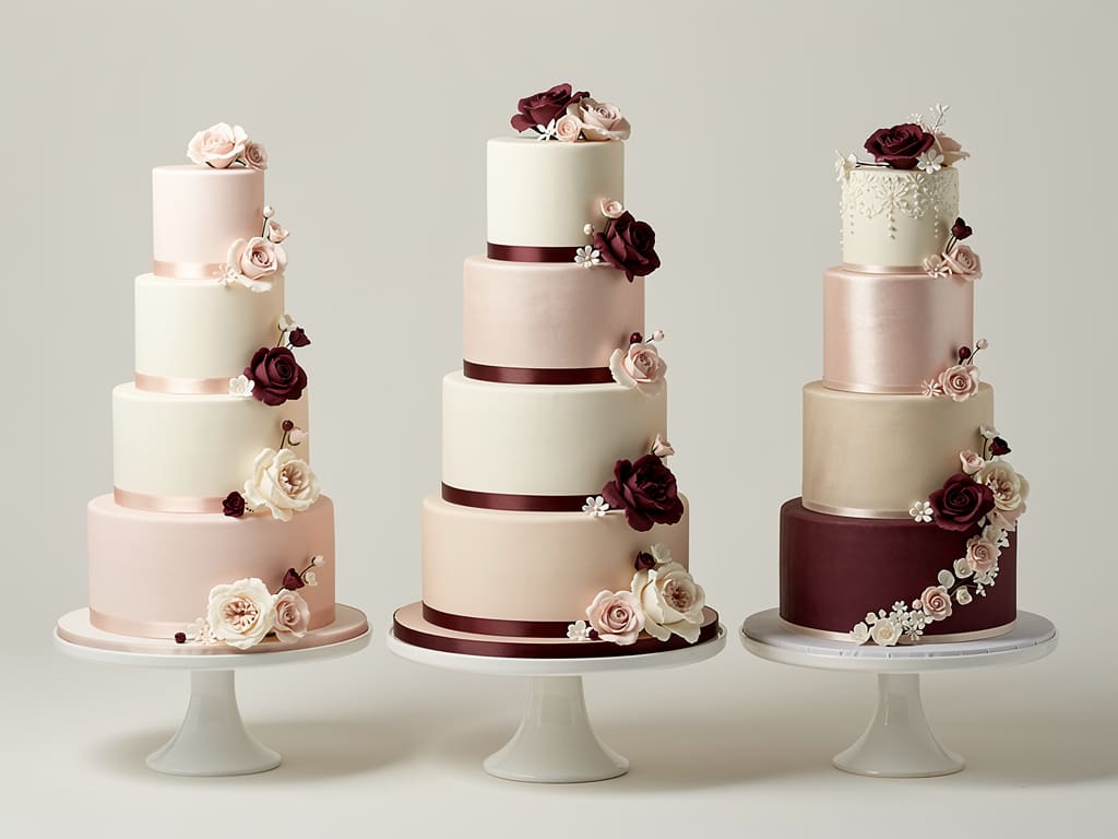 Tre torte nuziali a più piani con finiture sobrie